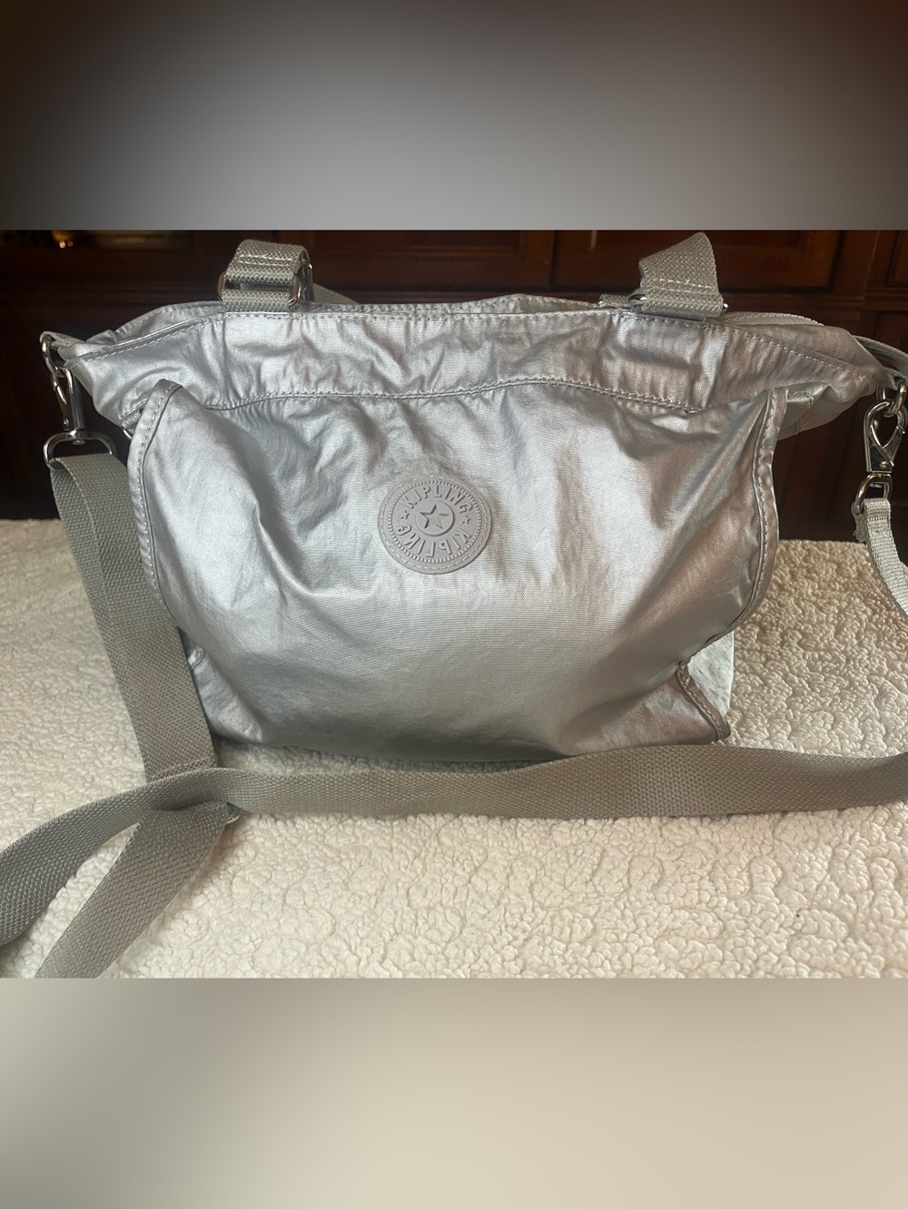 Kipling Metallic Silver Nylon Tote/Crossbody Monkey Charm Lightweight Purse